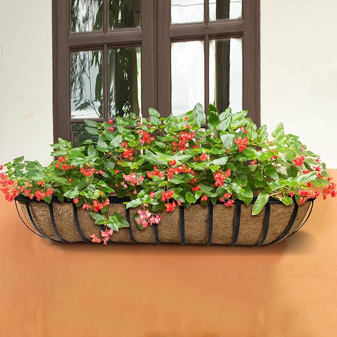 4 Pack 24 Inch Window Deck Railing Planter Boxes with Coconut Liner, Large Hanging Window Flower Boxes Metal Railing Planter for Balcony Fence Porch (4, 24 Inch)