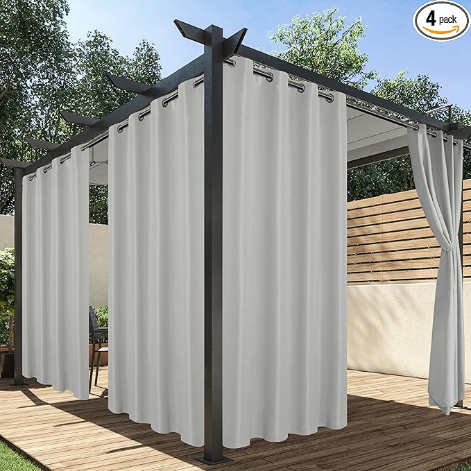 HolidayIdeas Outdoor Curtains for Patio Waterproof, 4 Panels - 54 x 95 Inch - Privacy Protection & Light Filtering Curtains Silver Grommet Outside Curtains for Porch, Gazebo, Pergola, Backyard
