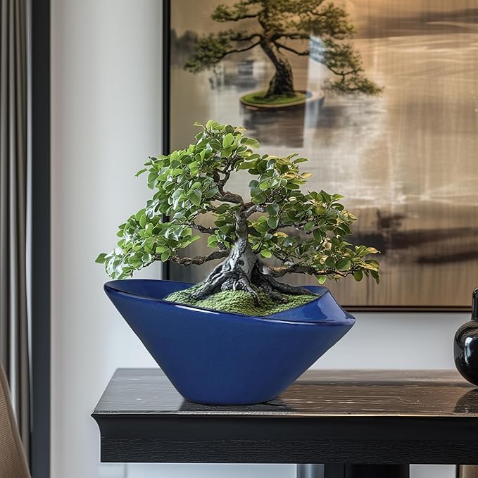 Bonsai Tree Pot 13 Inch - Ceramic Succulent Pots Large Bonsai Planter for Indoor Outdoor Plants Decorative Plant Pot with Drainage Hole Flower Pot for House Garden Room Home Decor Blue