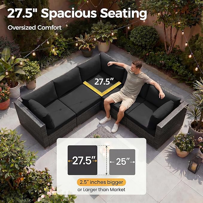 NICESOUL 13 Piece Patio Furniture Set with Fire Pit Table, 29.3'' High Back Large Outdoor Sectional with Firepit & Chaise Lounge, Sturdy Deep Seating Conversation Set, Gray Rattan & Black Cushion