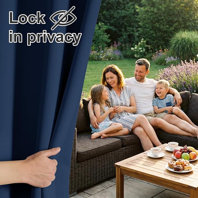 RYB HOME Extra Wide Outdoor Curtains for Patio Waterproof Heavy Duty Thermal Insulated in Summer Full Coverage Privacy for Porch, Cabana & Pool, W150 x L95, Navy Blue, 1 Panel