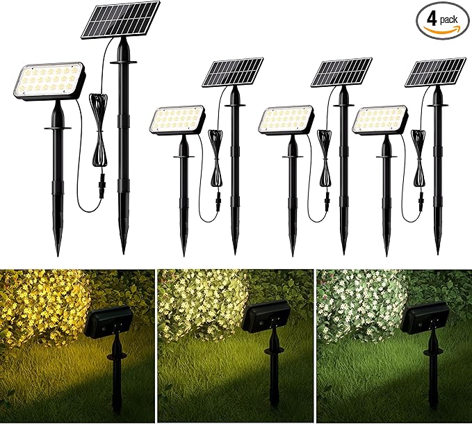 JACKYLED Solar Spot Lights Outdoor, 84-LED Solar Spotlights with 10ft Cord, 5 Lighting Modes, IP65 Waterproof Landscape Lights for Yard, Garden, Pathway, Ground & Wall Mount, 4-Pack