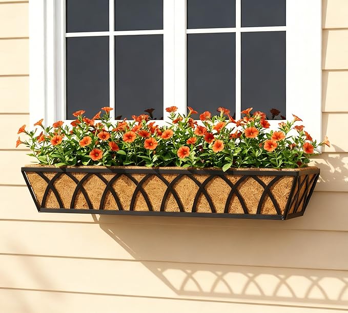 30 Inch Window Deck with Coco Liner, Fence Metal Hanging Flower Planter Window Basket Deck Railing Planter Boxes for Outdoor Garden Lawn，30" Window Boxes Horse Trough with Coconut Coir Liner, 4pcs