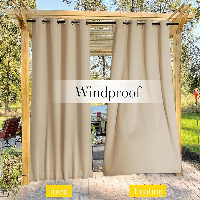 NICETOWN 2 Panels Outdoor Patio Curtains Windproof Top & Bottom Grommet & Back Tab, Thermal Insulated Windproof Drapes Keep Privacy for Garage/Porch with Ropes for Fixed, Biscotti Beige, W46 x L80