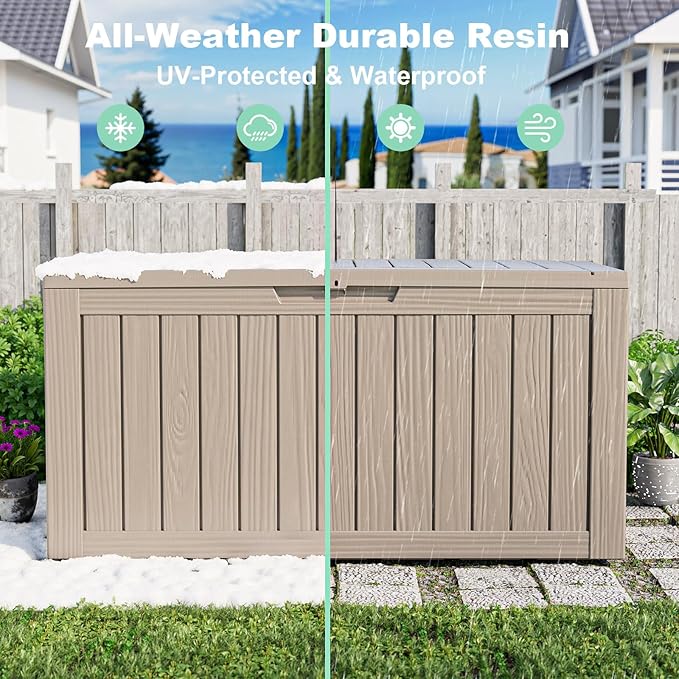 76 Gallon Outdoor Deck Box, Lockable Waterproof Outdoor Storage Boxes For Garden Tools,Indoor Cushions,Accessories Outside Storage Resin Weatherproof Container(Grey)