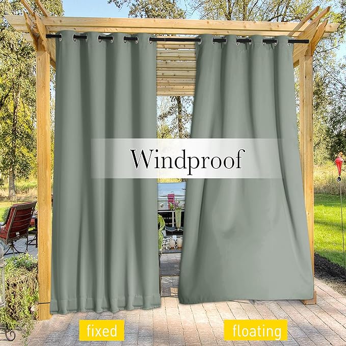 NICETOWN 2 Panels Weighted Blackout Outdoor Curtains Patio Waterproof, Thermal Insulated Top & Bottom Grommet & Back Tab Wind-Break Drapes Privacy for Pergola with Rope, W52 x L95, Sage Green