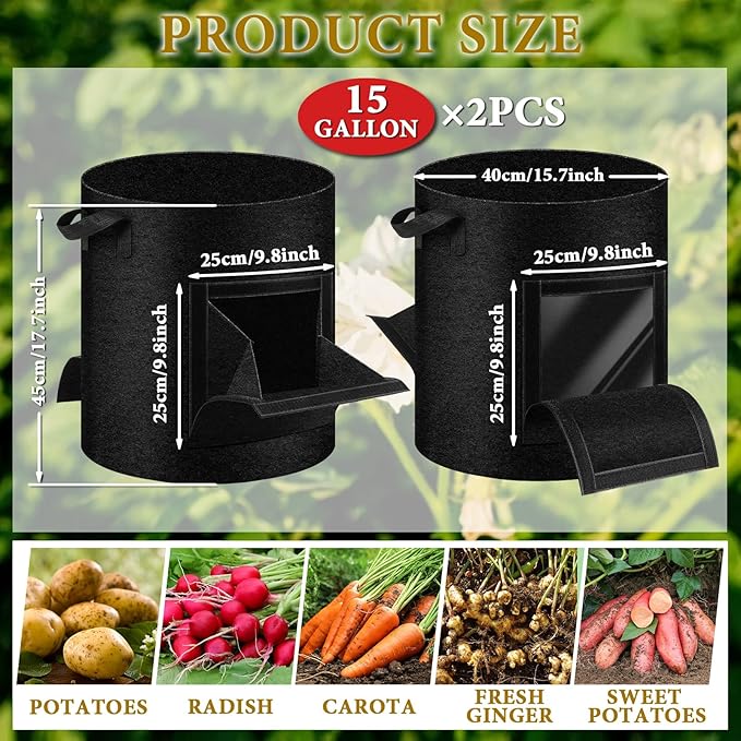 2 Pack 15 Gallon Potato Grow Bags with Pull-Down Harvest Window, Potato Bags for Growing Potatoes Heavy Duty Thickened Nonwoven Fabric Gardening Vegetable Growing Bags with Visible Window