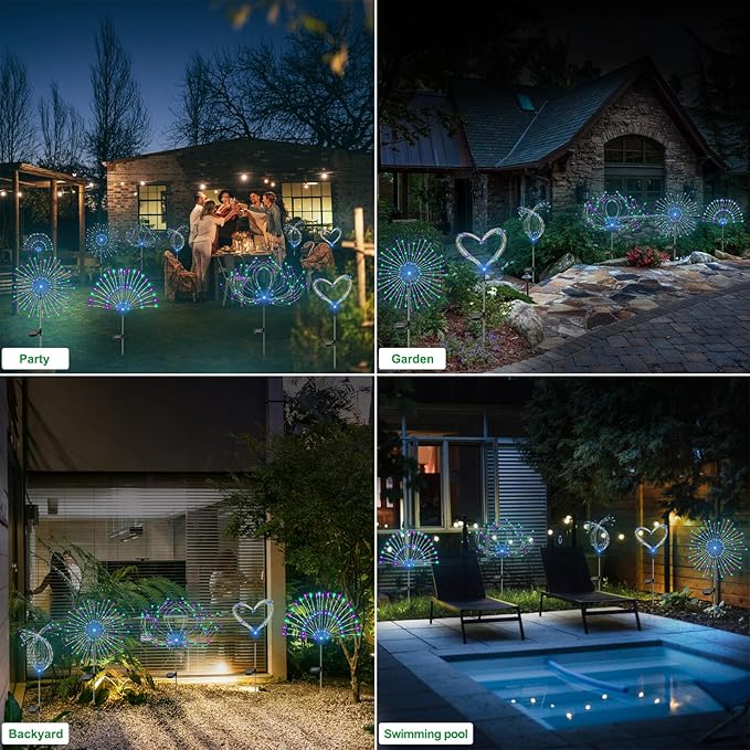 Solar Garden Lights Outdoor Waterproof, 2 Pack 120 LED Solar Firework Lights Decorative Garden Décor Outside for Flowerbed Pathway Party Halloween Christmas Decorations, Green + Purple