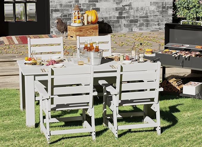 GREENVINES 7-Piece Outdoor Dining Set | HDPE | Patio Table and Chairs Sets for 6 | Patio Furniture | All Weather | Umbrella Hole | White | for Backyard Poolside Garden