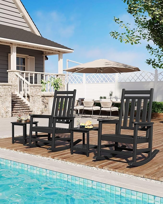 HDPE Rocking Chair Outdoor Set of 2 with Side Table - Poly High Back Porch Rocker Chairs for Adults - All Weather Resistant Furniture for Patio Front Porch - Black