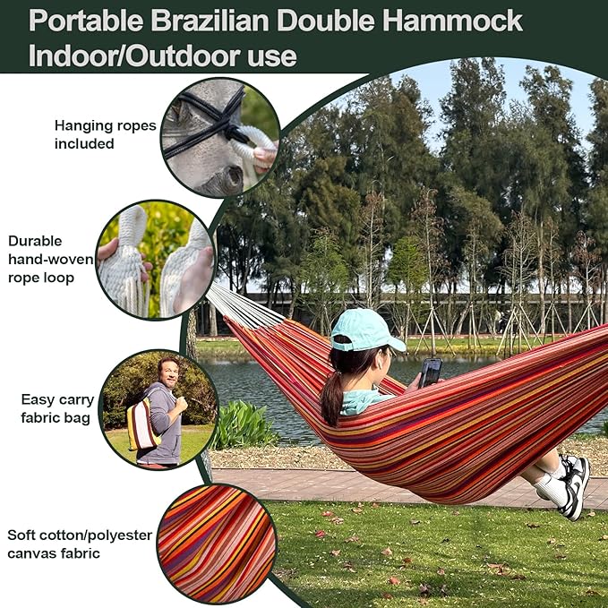 JoyView Brazilian Double Hammock with Hanging Ropes Extra Large 86.6x59” Portable Cotton Hammock for Patio Backyard Porch 450LBS Weight Capacity Perfect for Outdoor/Indoor - Blue Stripe
