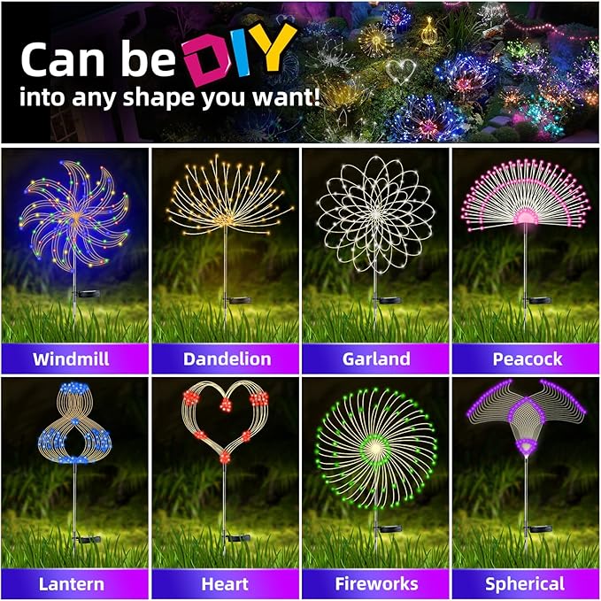 YOTOZU 4 PCS Solar Firework Light, Outdoor Solar Garden Decorative Lights 120 LED Powered 40 Copper Wires String DIY Landscape Light for Walkway Pathway Backyard Parties Perfect Gifts(Cool White)