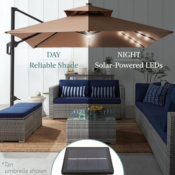Best Choice Products 10x10ft Cantilever Patio Umbrella w/Base Included, Solar LED Lights 360 Rotation Large Offset Hanging Outdoor Shade for Deck Pool Backyard w/Stand – Slate