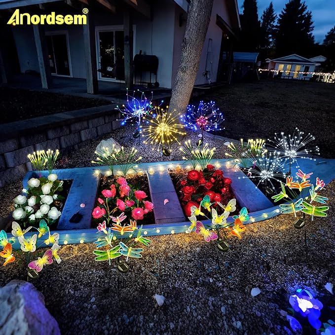 Anordsem Solar Garden Lights Outdoor: 8 Removable PVC Water Drop Light Head 4 Pack - Waterproof Garden Decoration for Yard Patio - Gardening Gifts for Homeowners Gardeners