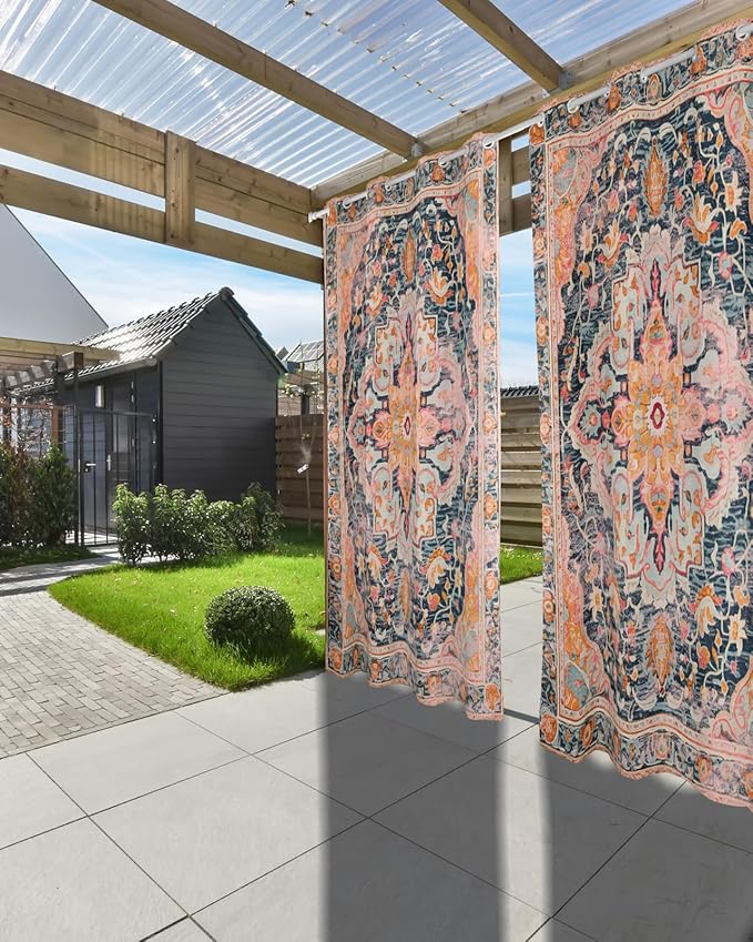 Rustic Boho Outdoor Curtains for Patio Waterproof, Grommet Privacy Curtain Drapes Weatherproof Outside Curtains for Porch GazeboPergola Cabana 2 Panel 54x108inch Ethnic Turkish Floral Geometric