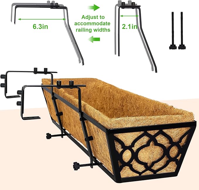 Y&M 30 Inch Window Deck with Coco Liner, Fence Metal Hanging Flower Planter Window Basket Deck Railing Planter Boxes for Outdoor Garden Lawn,6pcs