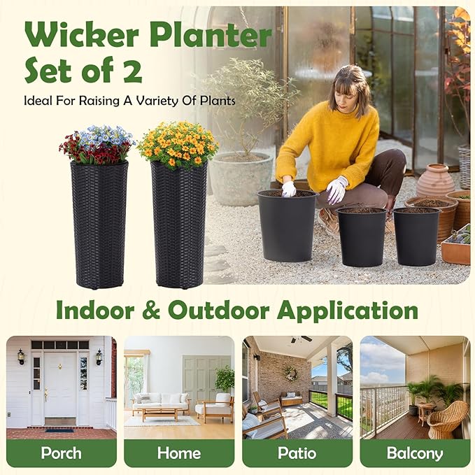 Idzo All Weather Wicker Planters for Outdoor Plants Set of 2, 24 inch Tall Black Planter for Front Porch, Patio, Balcony, Indoor Usage - Round Rattan Flower Pots