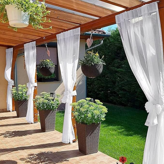 SpaceDresser Waterproof Outdoor Sheer Curtains for Patio - 2 Panels Rod Pocket Indoor Voile Sheer Curtain for Living Room,52W x 108L inch, White