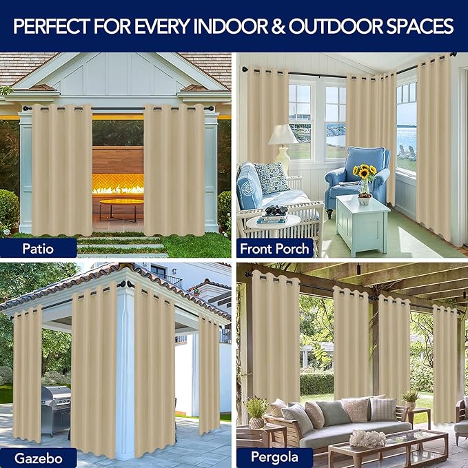 PureFit Outdoor Curtains for Patio Waterproof Weatherproof, UV Resistant Outside Curtains for Gazebo, Front Porch, Pergola, Sun Blocking Privacy Curtain, 52W x 95L inch, 1 Panel, Beige