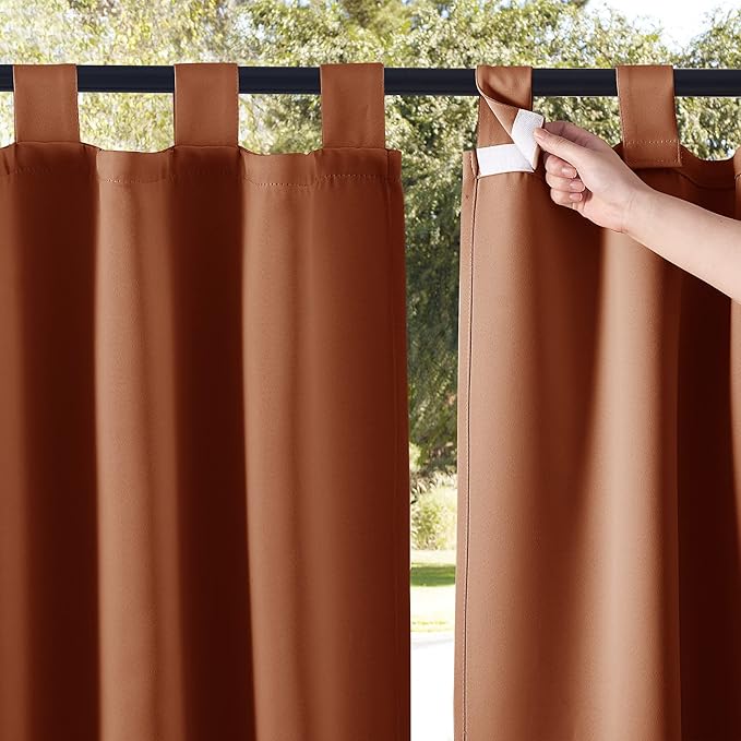 NICETOWN 2 Panels Porch Curtainss Outdoor Waterproof for Patio, Self-Stick Tab Top Blackout Indoor Outdoor Dividers Vertical Blinds Keep Privacy for Pergola/Patio, Mecca Red, W52 by L84 inches