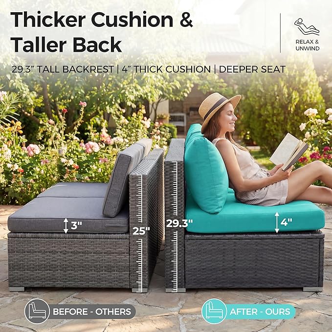 NICESOUL 10 Piece Modern Outdoor Furniture Set with Natural Gas/Propane Fire Pit Table, 29.3'' High-Back Extra Large Patio Sectionals with Firepit, Deep Wide All-Weather Rattan Sofas, Turquoise & Gray