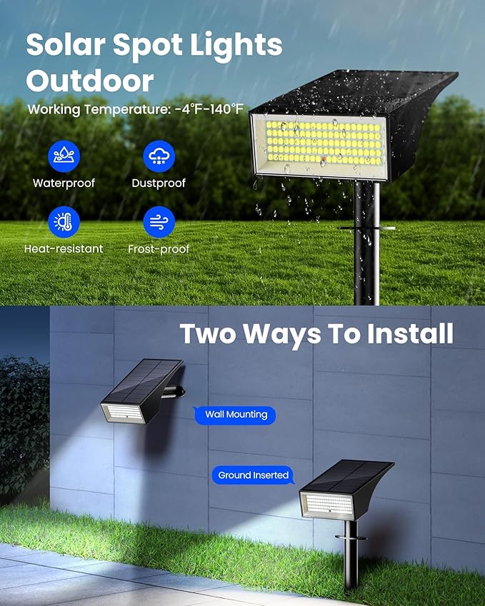 Koicaxy Solar Lights Outdoor Waterproof 8 Pack IP65, 100 LEDs 4 Light Modes, Higher Charging Efficiency, Auto On/Off Solar Landscape Spotlights for Garden Decor Yard Pathway Patio - Cool White