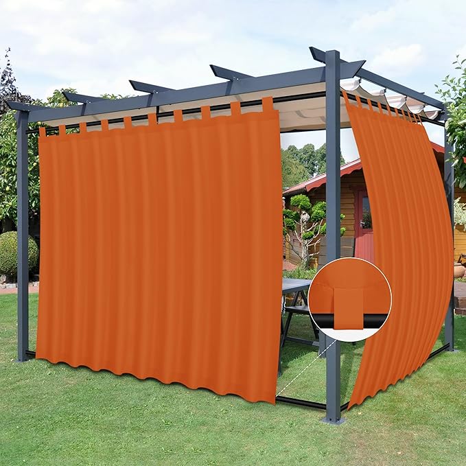 Easy-Going Outdoor Patio Curtains Detachable Tab Top Windproof Weatherproof Curtain for Cabana, Porch, Pergola and Gazebo, Tab Bottom Drape, 2 Panels, 110W x 108L inch, Orange