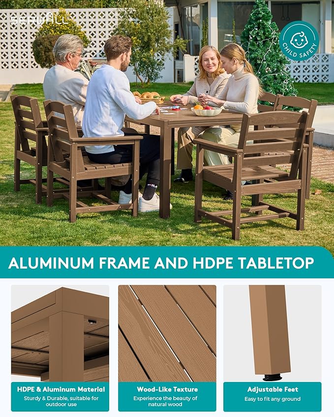 SERWALL 9-Piece Outdoor Dining Set, 60" - 83" Expandable Outdoor Dining Table and 8 HDPE Chairs, All Weather HDPE Outdoor Furniture Set for Backyard, Garden, Brown
