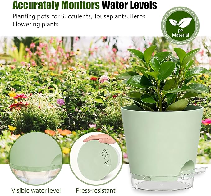 Plant Pots 4/5/5.5/6/6.5/7/8 Inch Self Watering Pots, 7 Pack Plastic Planters with Drainage Holes and Clear Saucers,Plastic Flower Pots,Nursery Planting Pot for Indoor Out Door Plants (Green)