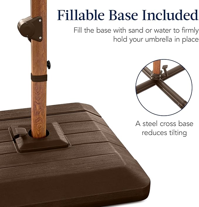 Best Choice Products 10ft Square Cantilever Patio Umbrella w/Base Included, Woodgrain Pattern Pole & Solar LED Lights, 360-Rotation, Offset Hanging Outdoor Shade - Tan