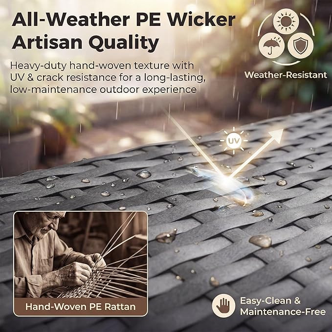 NICESOUL 11 Piece Patio Furniture Set with Fire Pit Table Natural Gas/Propane, 29.3'' High Back Large Outdoor Patio Sectional with Fire Pit & Chaise Lounge, Wicker Deep Seating, Turquoise & Grey