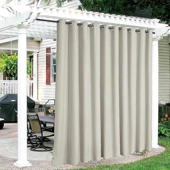 RYB HOME Extra Wide Outdoor Curtains for Patio Waterproof Heavy Duty Thermal Insulated in Summer Full Coverage Privacy for Porch, Cabana & Pool, W150" x L84", Natural, 1 Panel