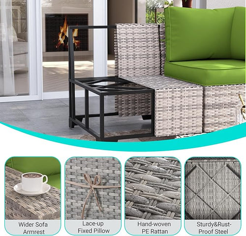 16-Piece Outdoor Patio Furniture Set with Rocking Swivel Chair, PE Wicker Rattan Sectional Sofa Patio Conversation Set with 55,000 BTU Fire Pit Table & Coffee Table, LAvocado Green