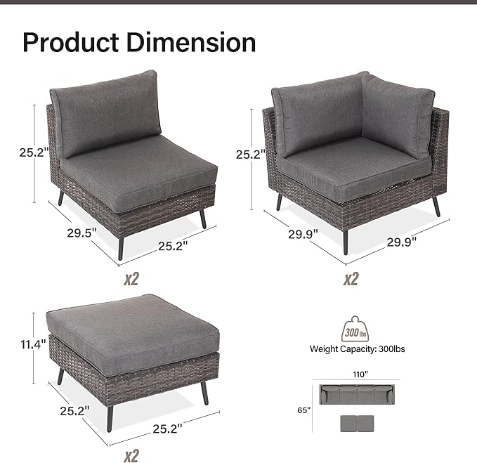 LAUSAINT HOME Outdoor Patio Furniture, 6 Piece Outdoor Sectional Sofa PE Rattan Wicker Patio Conversation Sets,All Weather Patio Furniture Set with Thick Cushions for Garden, Poolside, Backyard (Grey)