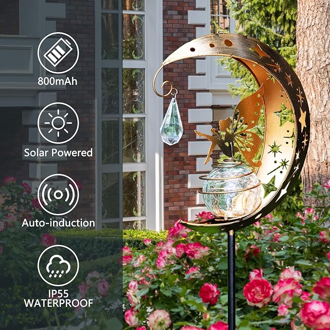 LICKLIP Moon & Fairy Garden Solar Stake Light Outdoor, Crackle Glass Globe With Metal Angle Stake, Waterproof Warm White LED, Decoration for Pathway Lawn Patio Courtyard Backyard (1 Pack)