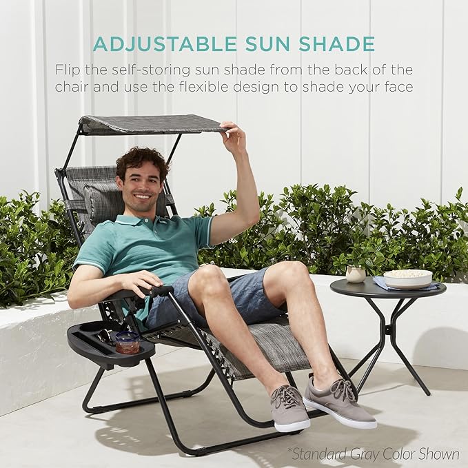 Best Choice Products 30” Wide Folding Zero Gravity Outdoor Recliner Patio Lounge Chair w/Adjustable Canopy Shade, Headrest, Side Accessory Tray - Beige