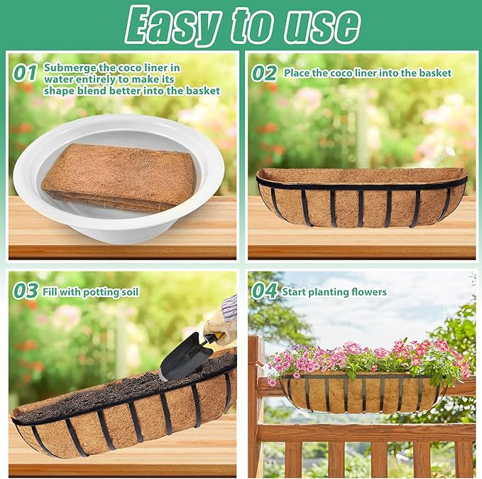 Y&M 48" Coco Liner for Window Box Deck Basket Planter Trough Coconut Fiber Liners, 2pcs Trough Coco Liner Pre-Formed Replacement