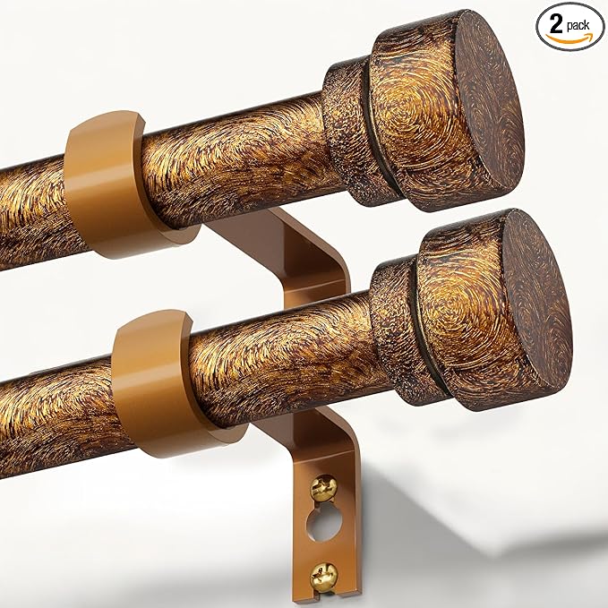 2 Pack Retro Gold Curtain Rods Set for Windows 66 to 120 Inches Adjustable Length Heavy Duty 1" Diameter Window Curtain Rod with Decorative Finials for Outdoor Bedroom Kitchen Living Room Farmhouse