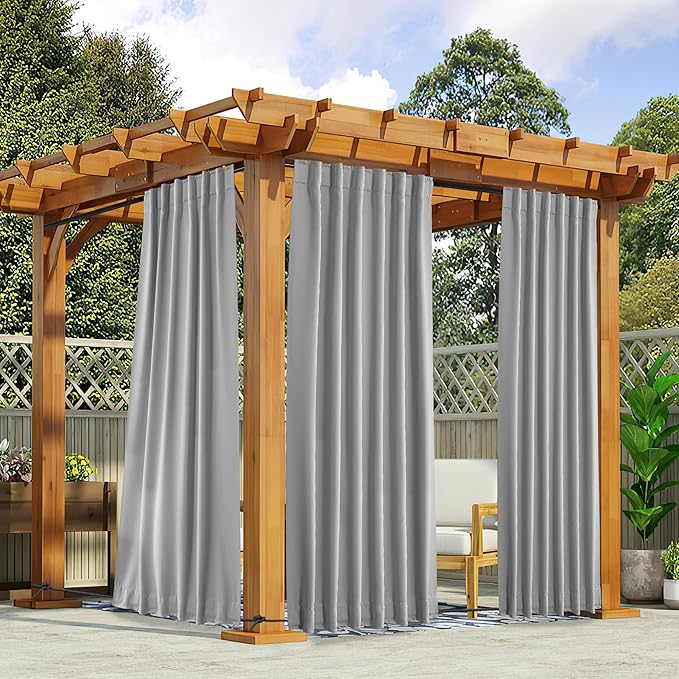 NICETOWN 2 Panels Outdoor Curtains Waterproof Pocket & Back Tab on Top & Bottom, Thermal Insulated Windproof Sun Blocking Outside Privacy Drapes for Patio with Fixed Rope, W52 x L95, Silver Gray