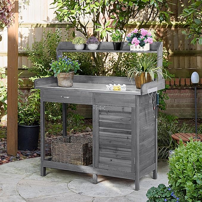 Yaheetech Outdoor Potting Bench Table, Garden Workstation w/Metal Tabletop/Cabinet Drawer/Open Top/Lower Shelf/Handy Hooks for Horticulture,Gray