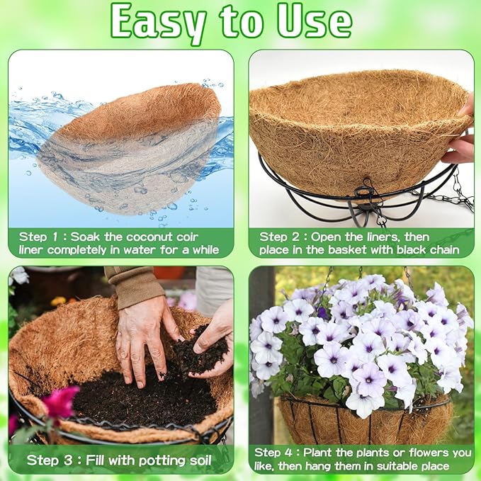 ZeeDix 3 Pack 16 Inch Large Hanging Baskets for Plants Outdoor with Coconut Liners Replacement, Hanging planters Baskets with Natural Coco Liner for Outdoor Indoor Planters Flowers Vegetables