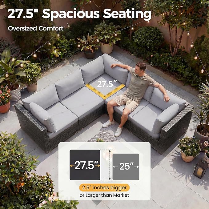 NICESOUL 10 Piece Modern Outdoor Patio Furniture Set with Firepit Natural Gas Propane Convertible, 29.3'' High Back Extra Large Size Wicker Conversation, Deep Wide Comfortable Couch for Outside, Grey
