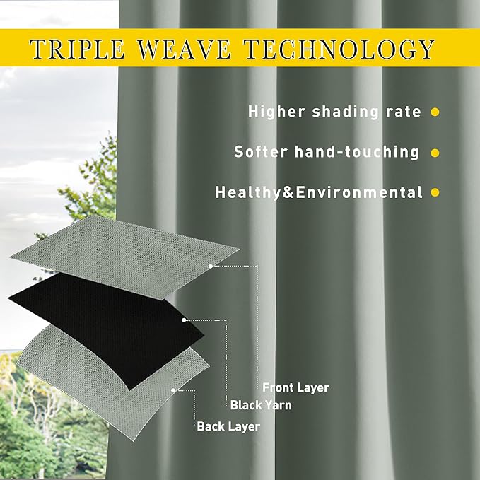 NICETOWN 2 Panels Outdoor Curtains for Patio Waterproof & Windproof, Extra Wide Grommet & Back Tab on Top & Bottom Thermal Insulated Sun Blocking Drapes with Rope for Gazebo, Sage Green, W100 x L95