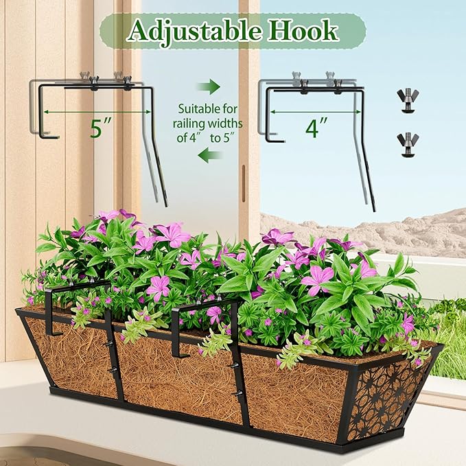 SPECILITE 24" Window Boxes Planters, Heavy Duty Metal Railing Planter Boxes, Adjustable Balcony Planters for Railing Hanging, with Coco Liner & Tool Set for Deck, Porch, and Patio Gardening (2 Pack)