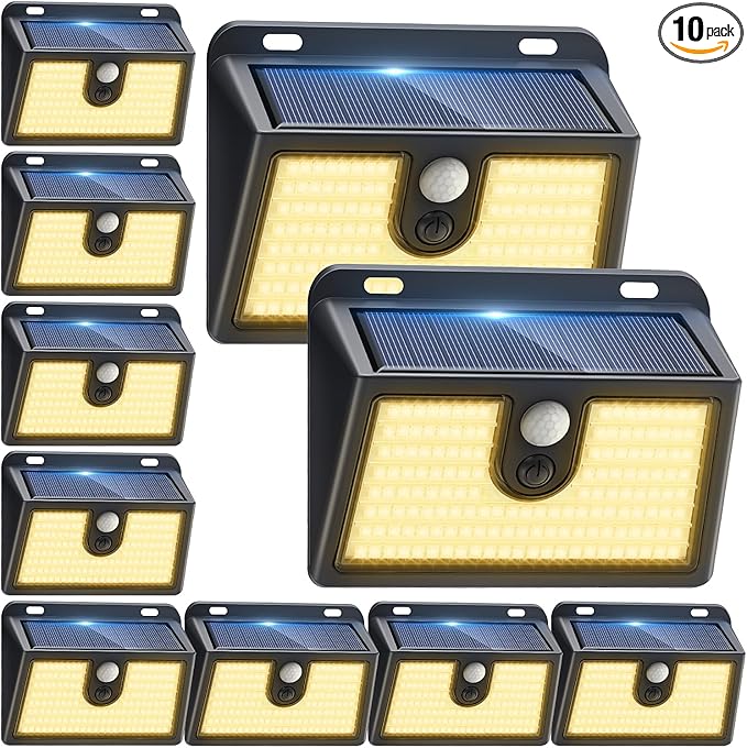 [10 Packs] Solar Motion Sensor Outdoor Lights, Super Bright Solar Lights Outdoor Waterproof, 3 Lighting Modes Security Wall Light for Outside Walking Dog Fence Backyard Deck Garden Door Step Garage