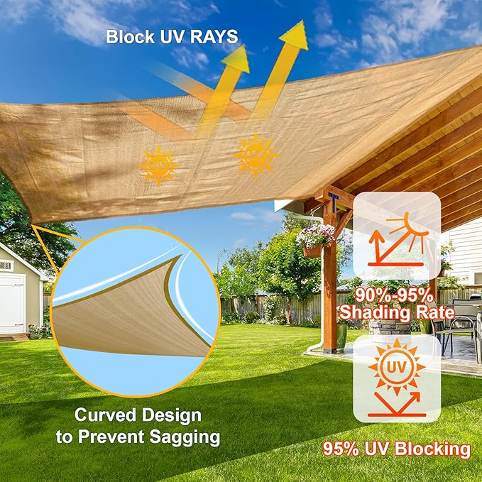 SUNLAX Sun Shade Sail 10' x 14' Sand Rectangle Canopy Sail Shade Cover UV Block Permeable Sunshade Outdoor for Patio Backyard Deck Pergola (We Make Custom Size)