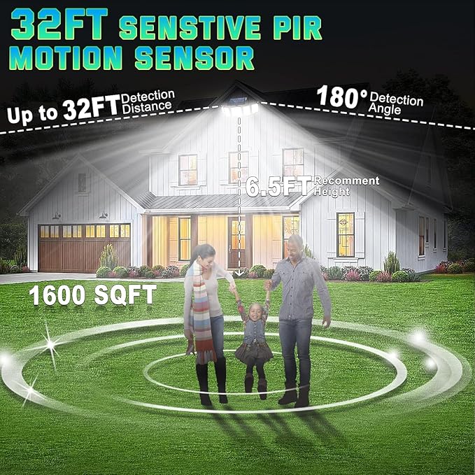 Solar Lights Outdoor Waterproof Motion Sensor - 416 LEDs 3000 Lumens Super Bright 3 Brightness 3 Modes 2400mAh 360° Illumination 32ft Solar Flood Security Light for Outside (With ‎Remote Control, 2)