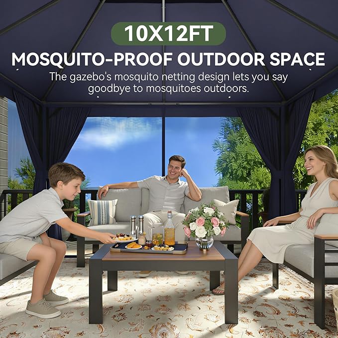 AOXUN Outdoor Gazebo for Patio 10x12 Metal Frame Canopy with Double Roofs Heavy Duty Party Tent and Shelter with Mosquito Netting and Privacy Screen for Backyard, Lawn, Garden, Deck (Navy Blue)