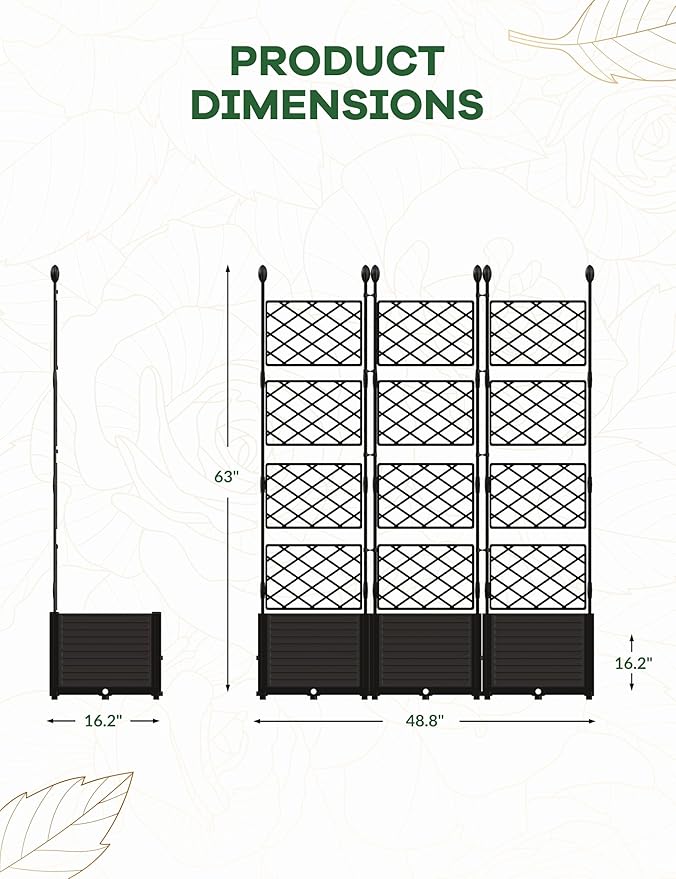 GAOMON 3 PCS Raised Garden Bed with Trellis - 50 in W x 63" Tall Plastic Planter Box for Climbing Plants, Outdoor Vertical Garden with Privacy Screen for Patio, Balcony, Backyard