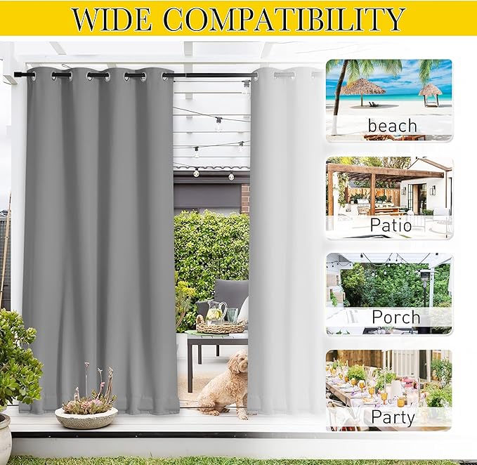 NICETOWN 2 Panels Waterproof Outdoor Curtains Fixed Grommet & Back Tab on Top & Bottom, Thermal Insulated Keep Rain & Sun Out Blackout Windproof Outdoor Draperies with Rope, W52 x L72, Silver Grey
